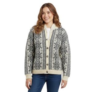 Nordic Grey Snowflake Fair Isle Cream Wool Cardigan Sweater Size Small